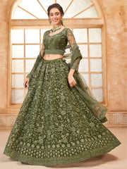 Stunning Olive Green Embroidered Net Mehendi Wear Lehenga Choli - Ethnic Plus In