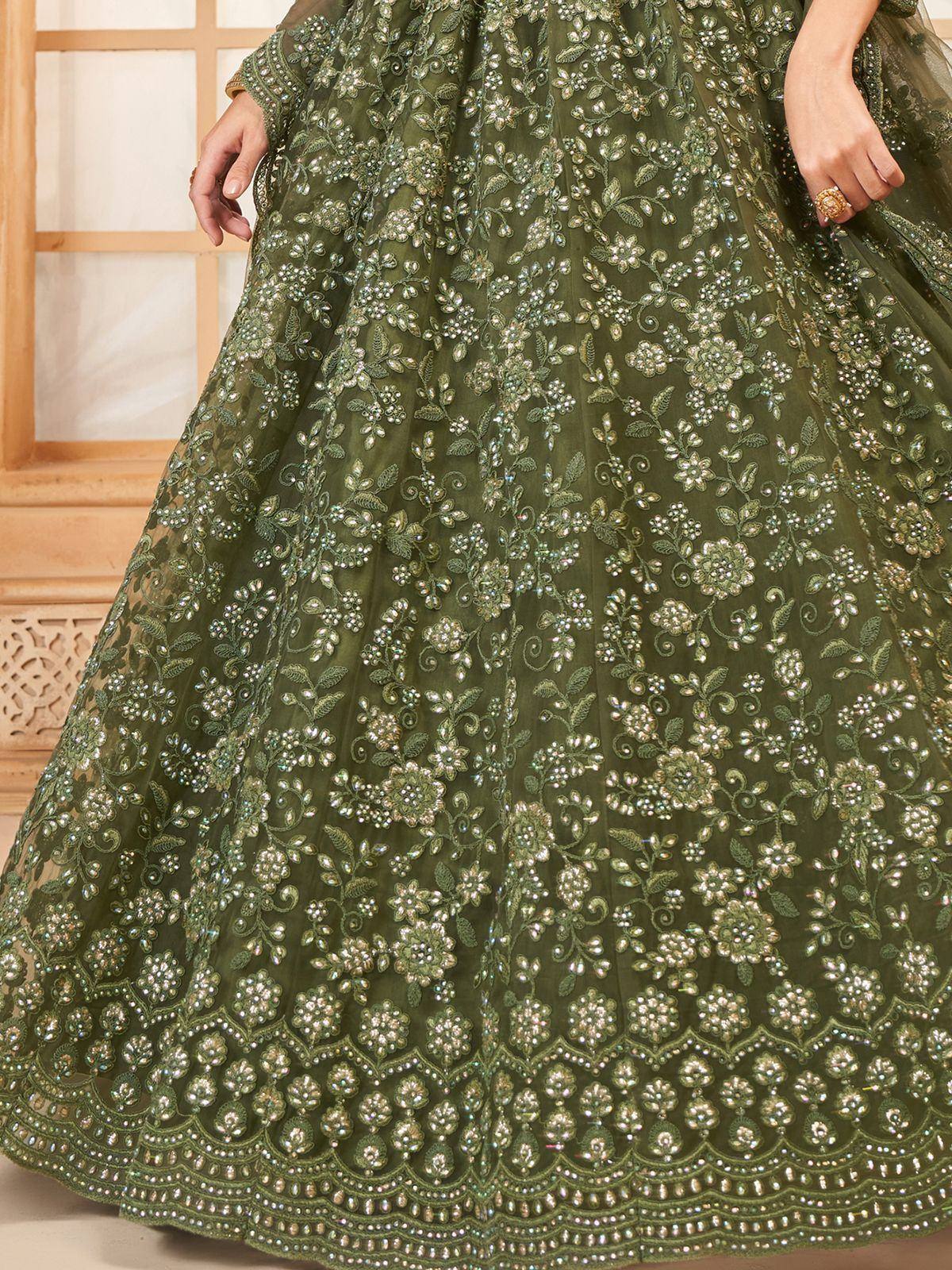 Olive green designer lehenga with intricate floral embroidery and beadwork for Indian ethnic wear