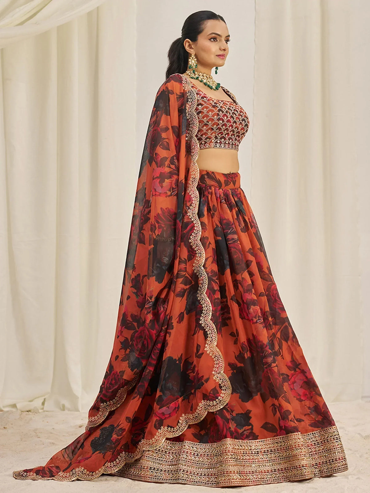 Orange floral lehenga choli with embroidered blouse and dupatta, Indian ethnic wear