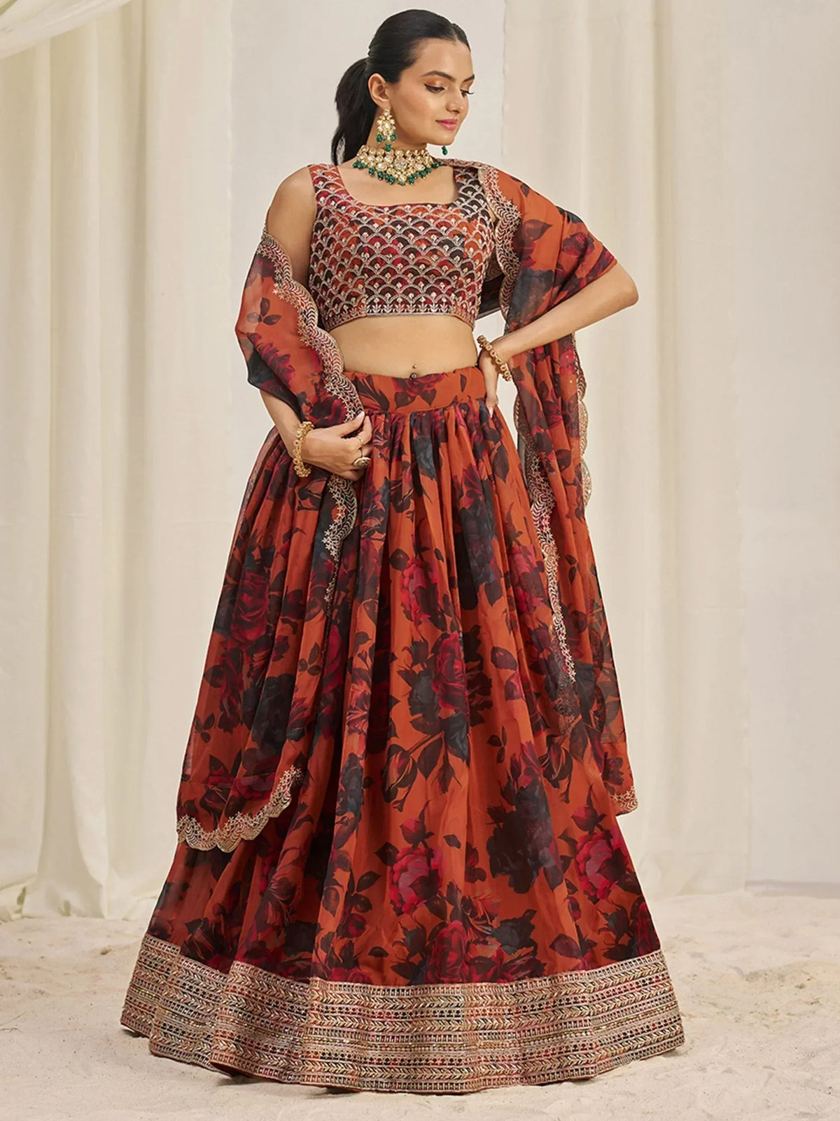 Red floral lehenga choli with embroidered blouse and dupatta, Indian ethnic wear