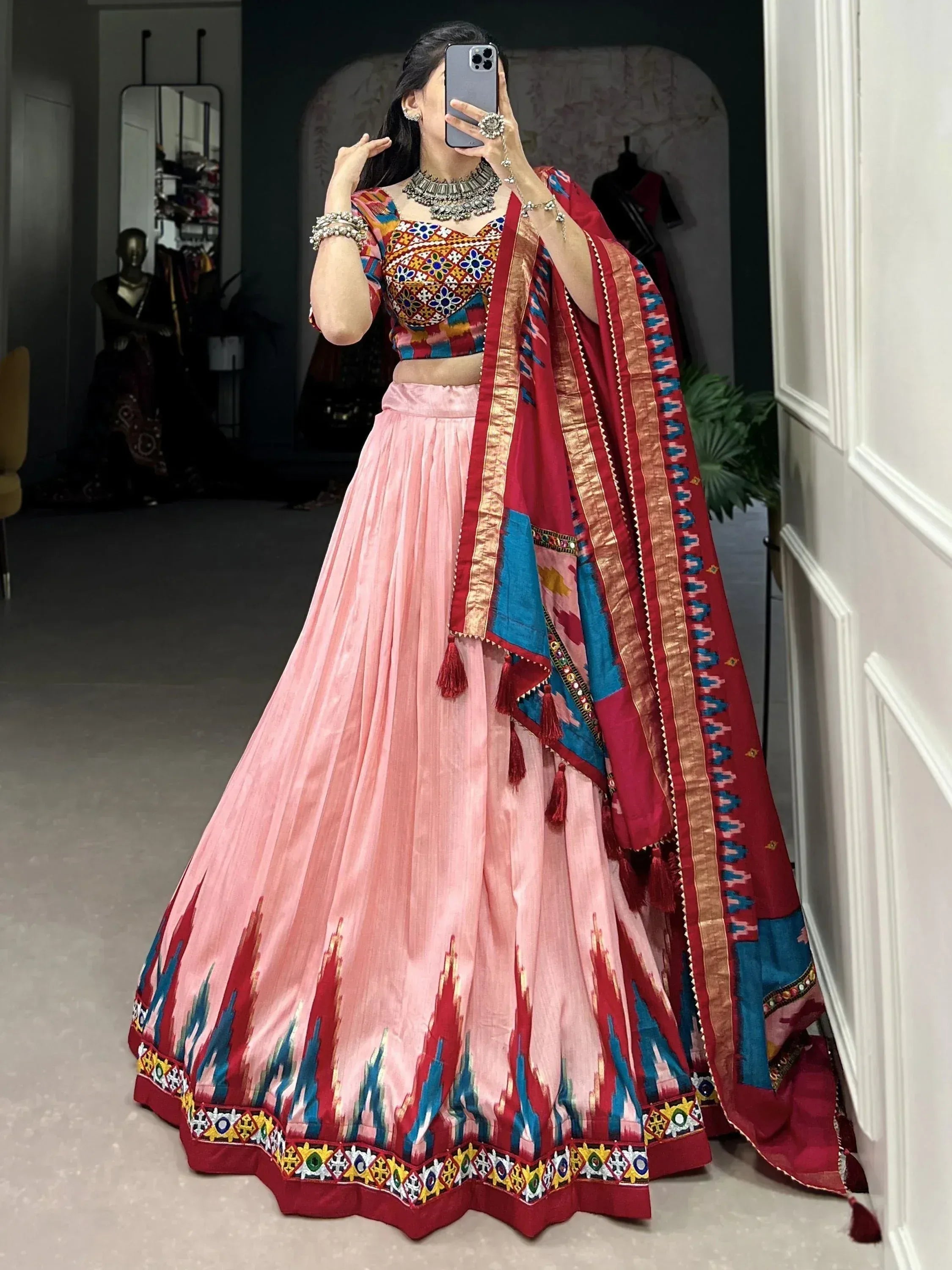 Pink lehenga choli with colorful embroidered blouse and red dupatta, Indian ethnic wear