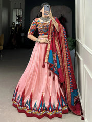 Stunning Peach Color Gamthi Work Tussar Silk Navratri Lehenga Choli - Ethnic Plus In