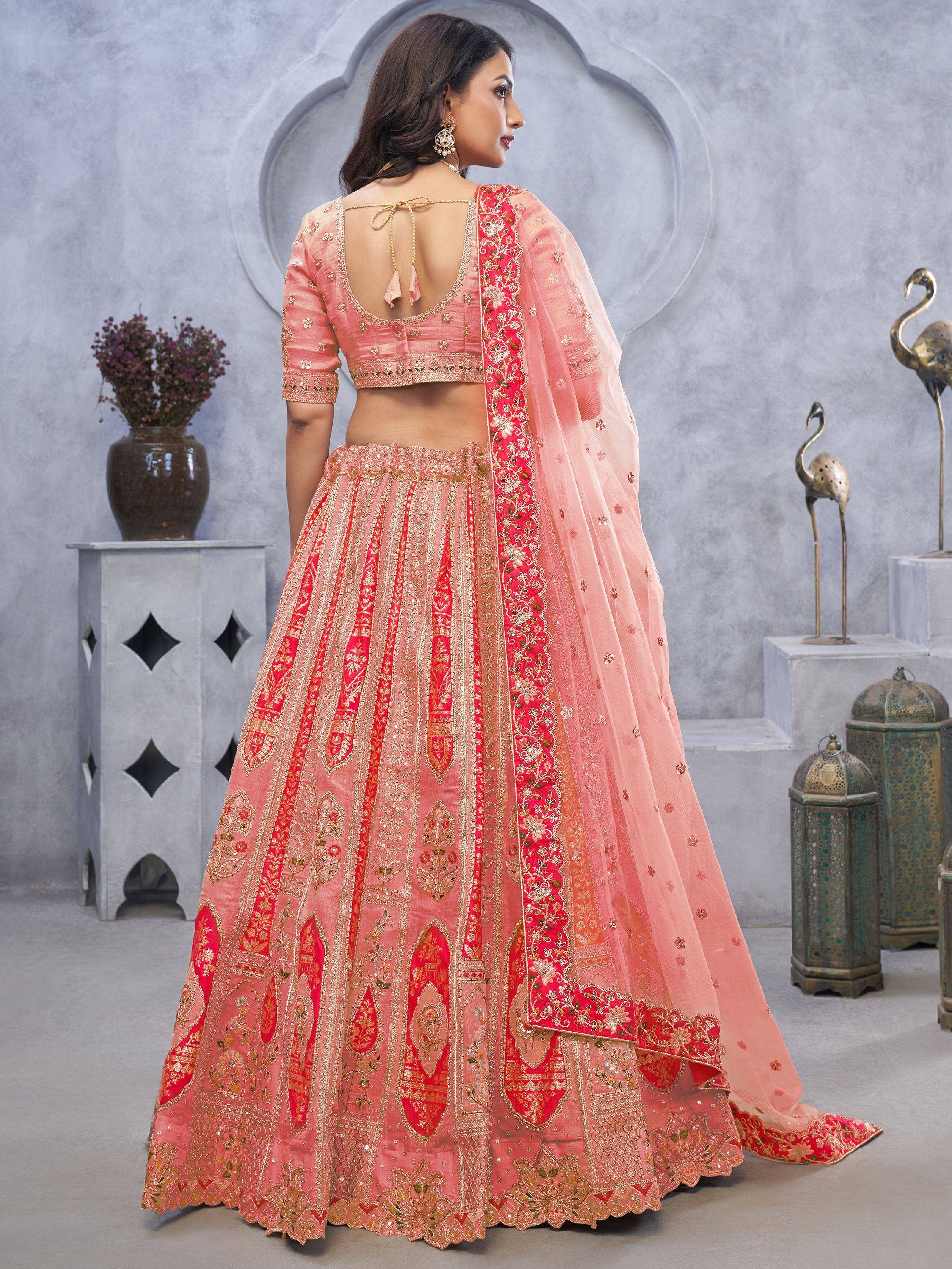 Pink and red embroidered lehenga choli with open back blouse and sheer dupatta, Indian ethnic wear