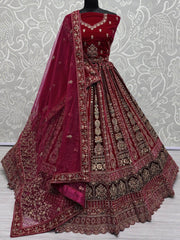 Stunning Pink Dori Work Velvet Bridal Lehenga Choli With Two Dupatta - Ethnic Plus In