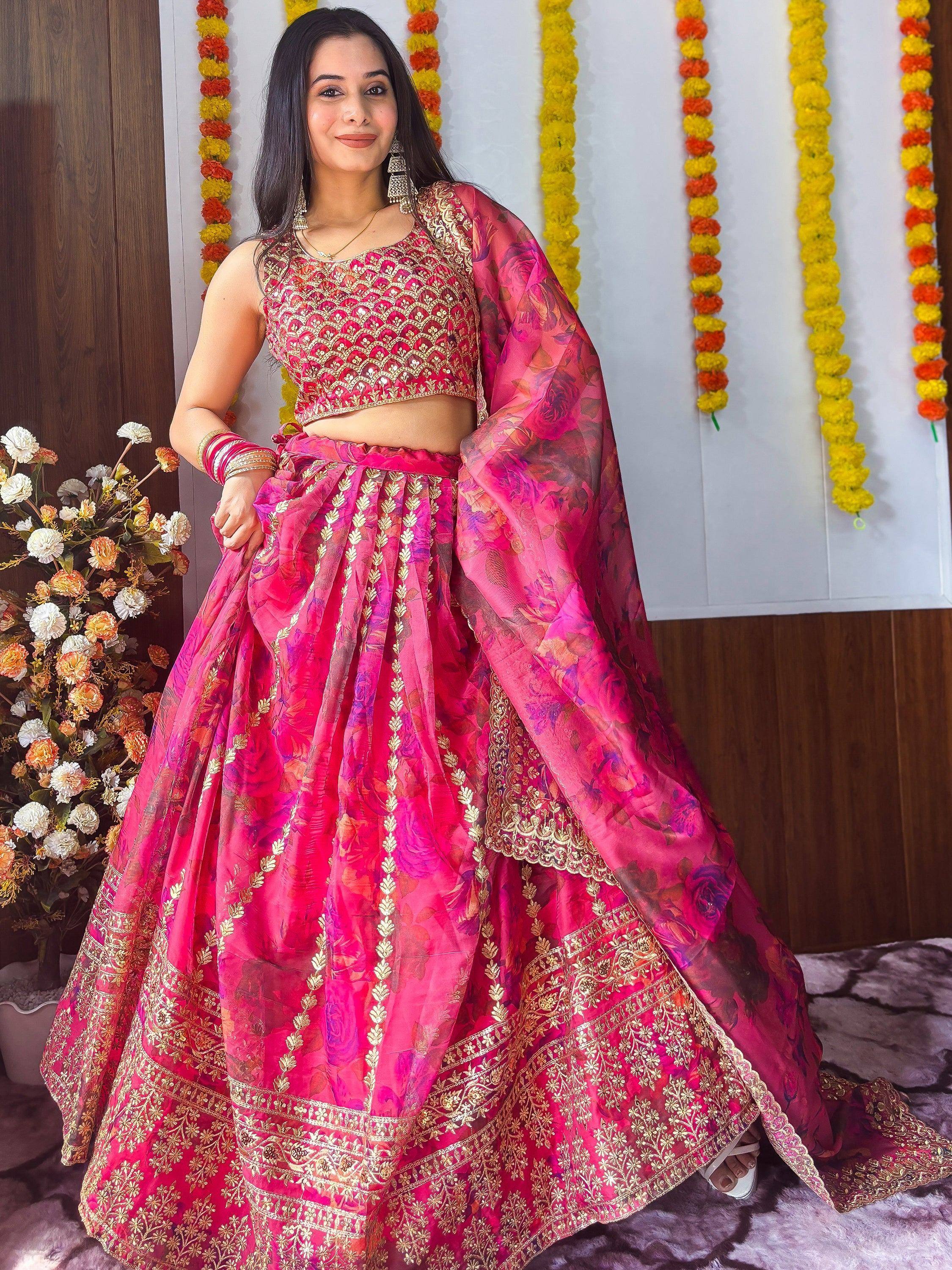 Pink floral lehenga choli with gold embroidery, perfect for Indian ethnic wear and festive occasions.