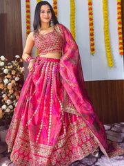 Stunning Pink Floral Printed Organza Bridesmaid Lehenga Choli - Ethnic Plus In