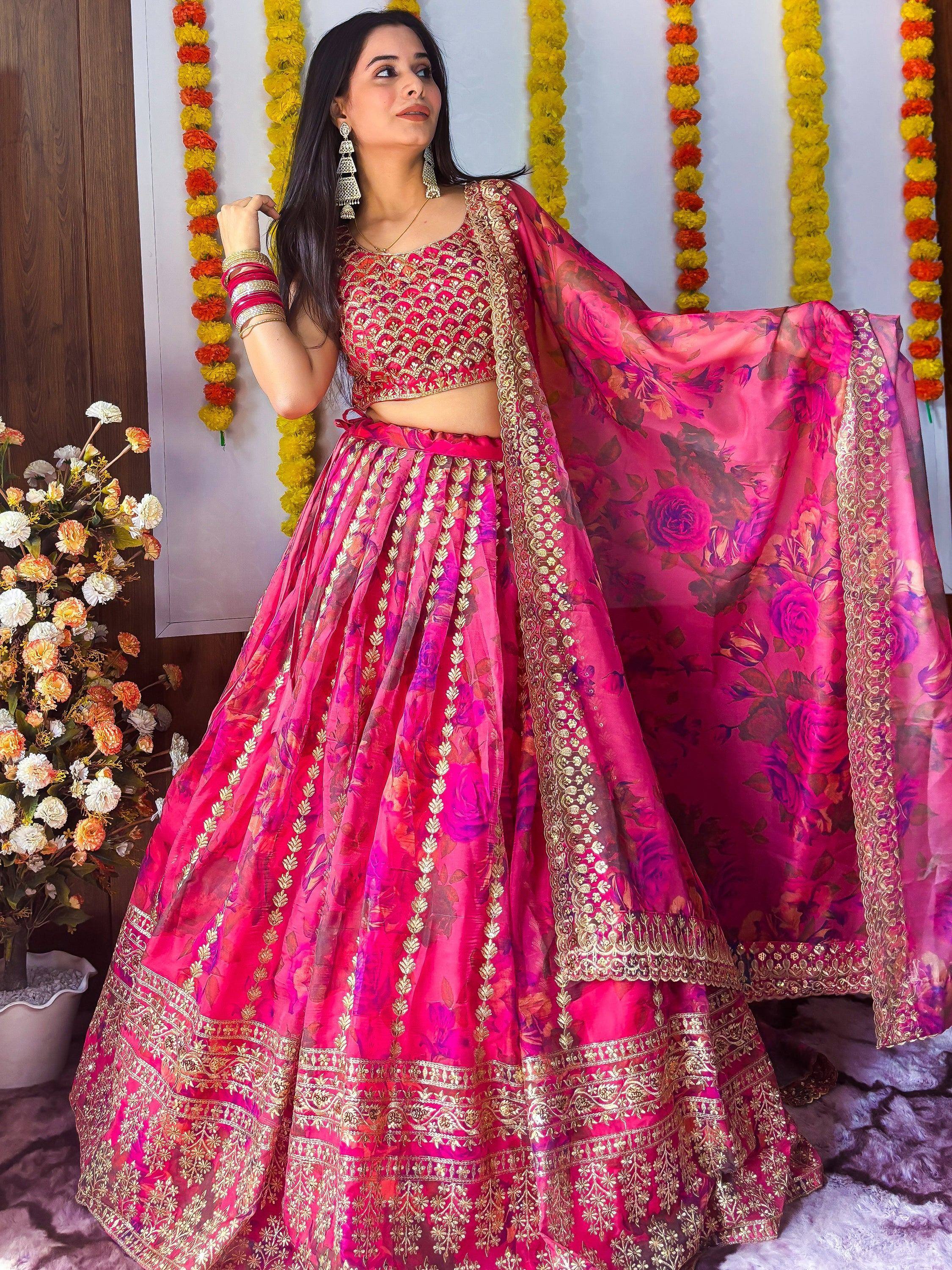 Pink floral lehenga choli with gold embroidery, perfect for Indian weddings and festive occasions