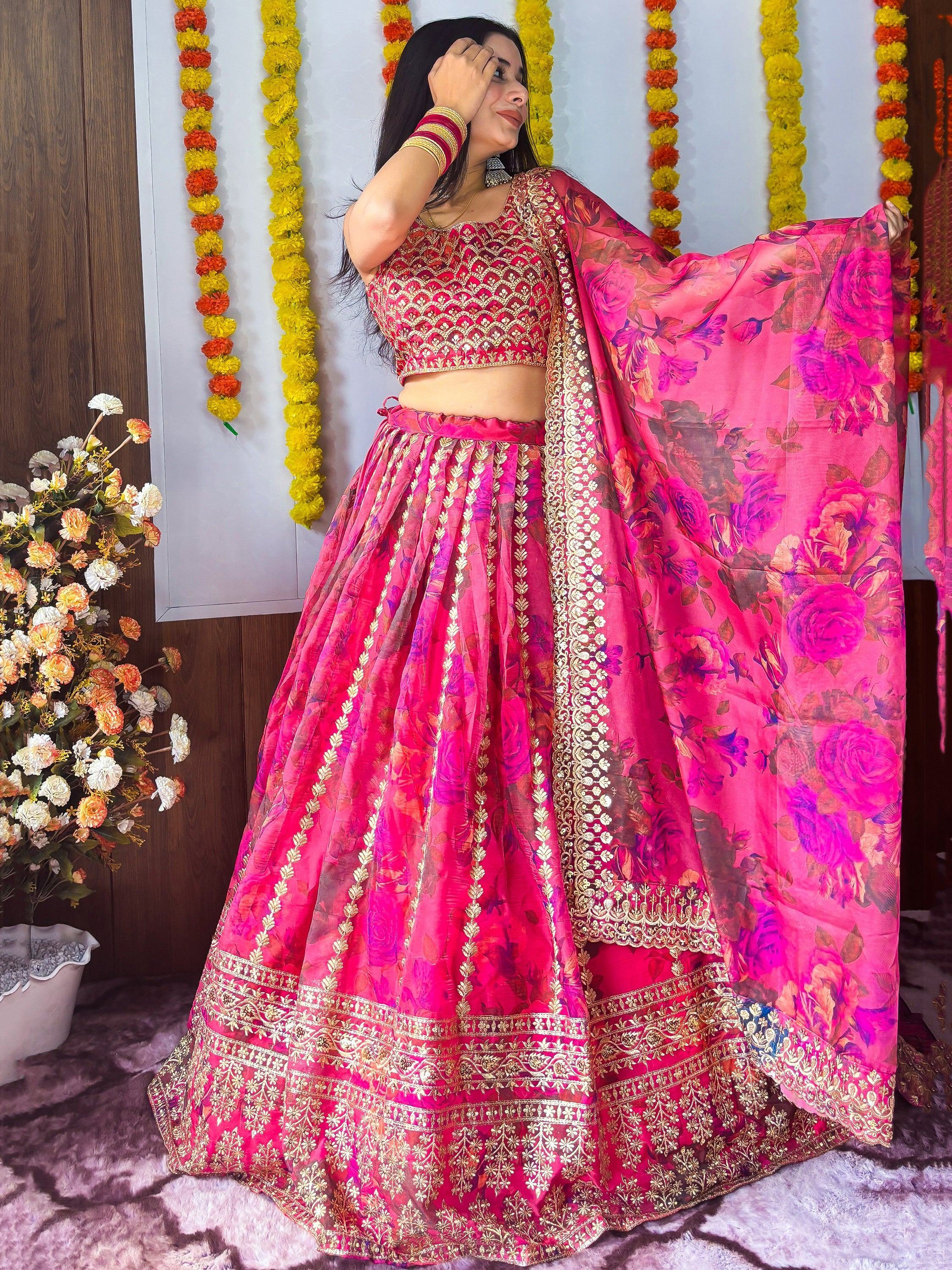 Stunning Pink Floral Printed Organza Bridesmaid Lehenga Choli - Ethnic Plus In