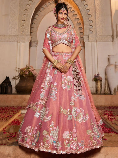 Stunning Pink Sequins Net Bridal Pastel Lehenga Choli With Dupatta - Ethnic Plus In