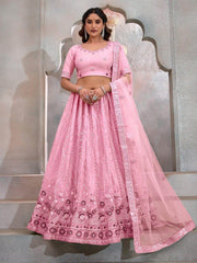 Stunning Pink Thread Embroidered Net Bridesmaid Lehenga Choli - Ethnic Plus In
