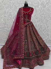 Stunning Pink Velvet Hand Mirror Work Bridal Lehenga Choli With Dupatta - Ethnic Plus In
