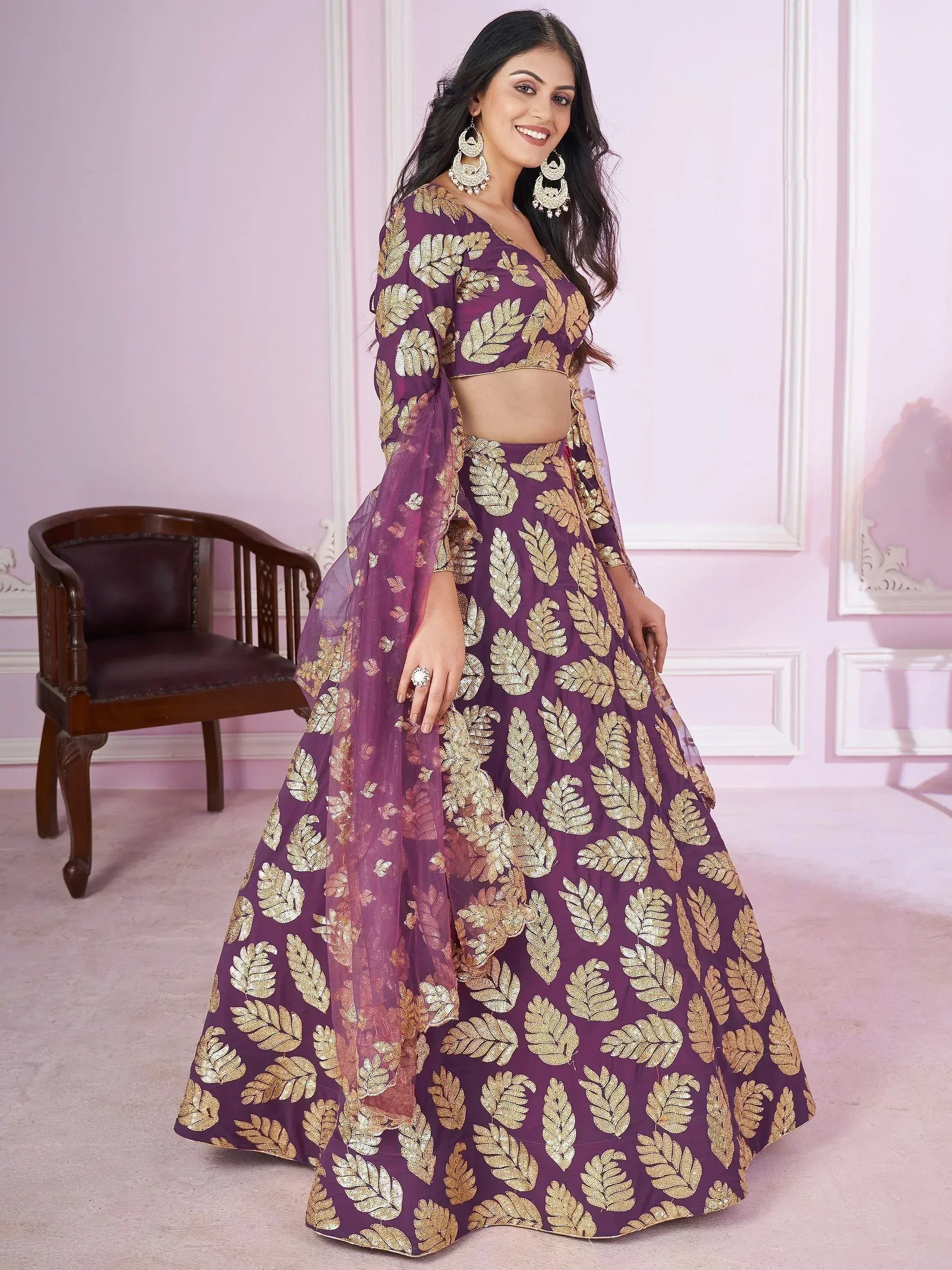 Purple lehenga choli with gold leaf print, perfect for Indian ethnic wear and festive occasions.