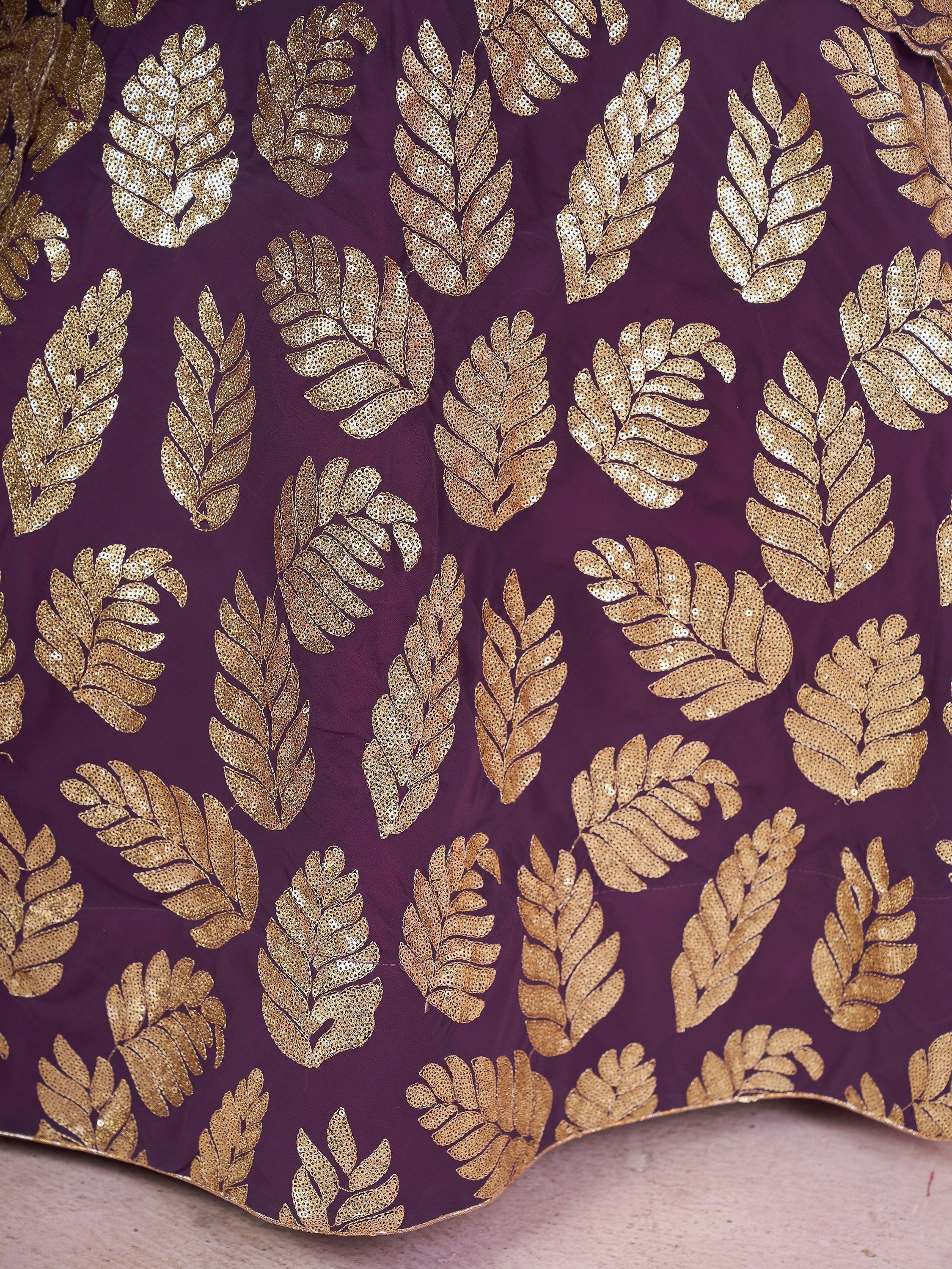 Purple ethnic wear fabric with gold sequin leaf embroidery, ideal for designer lehenga or saree