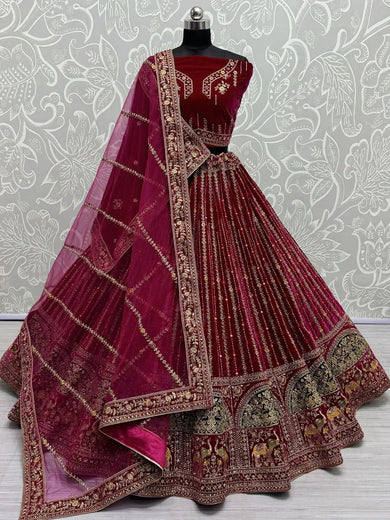 Stunning Rani Pink Dori Work Velvet Bridal Lehenga Choli With Dupatta - Ethnic Plus In