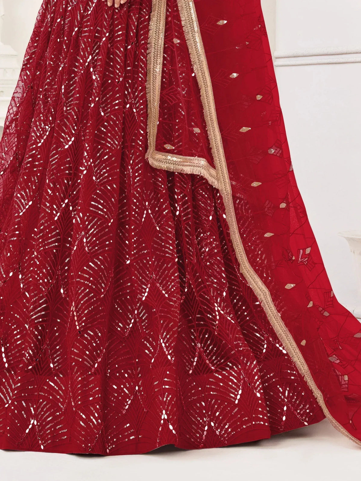 Red designer lehenga with sequin embroidery and gold border, Indian ethnic wear