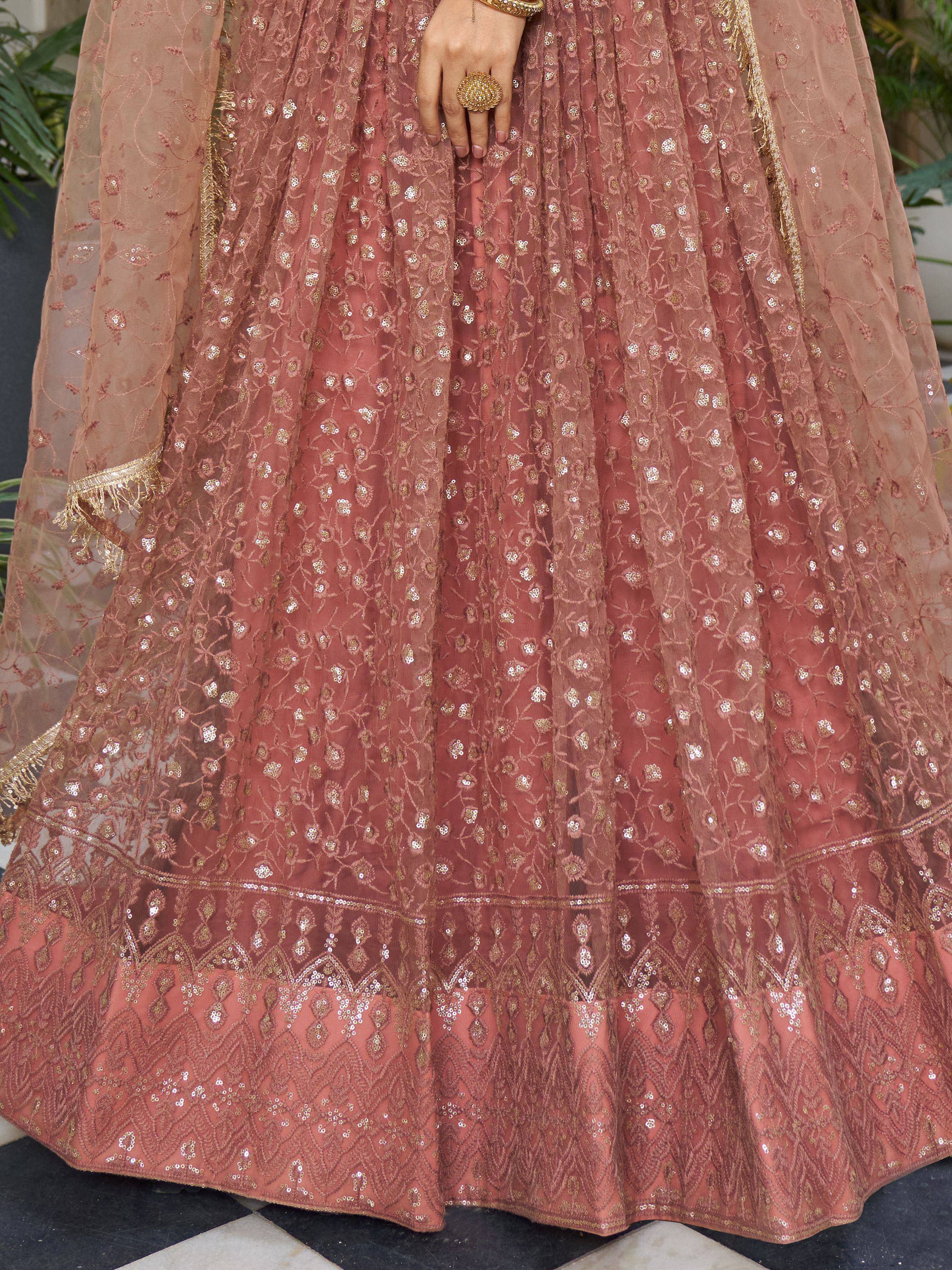 Dusty rose lehenga with gold floral embroidery and sequin detailing, perfect for Indian ethnic wear