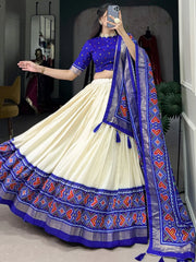 Stunning Royal Blue Patola Print Tussar Silk Event Wear Lehenga Choli - Ethnic Plus In