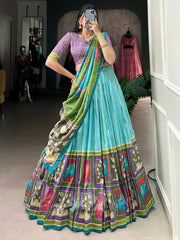 Stunning Sky - Blue Kalamkari Printed Silk Festival Wear Lehenga Choli - Ethnic Plus In