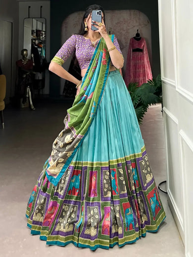 Stunning Sky - Blue Kalamkari Printed Silk Festival Wear Lehenga Choli - Ethnic Plus In