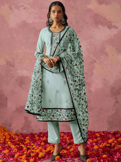 Stunning Sky Blue Thread Embroidered Georgette Straight Suit - Ethnic Plus In