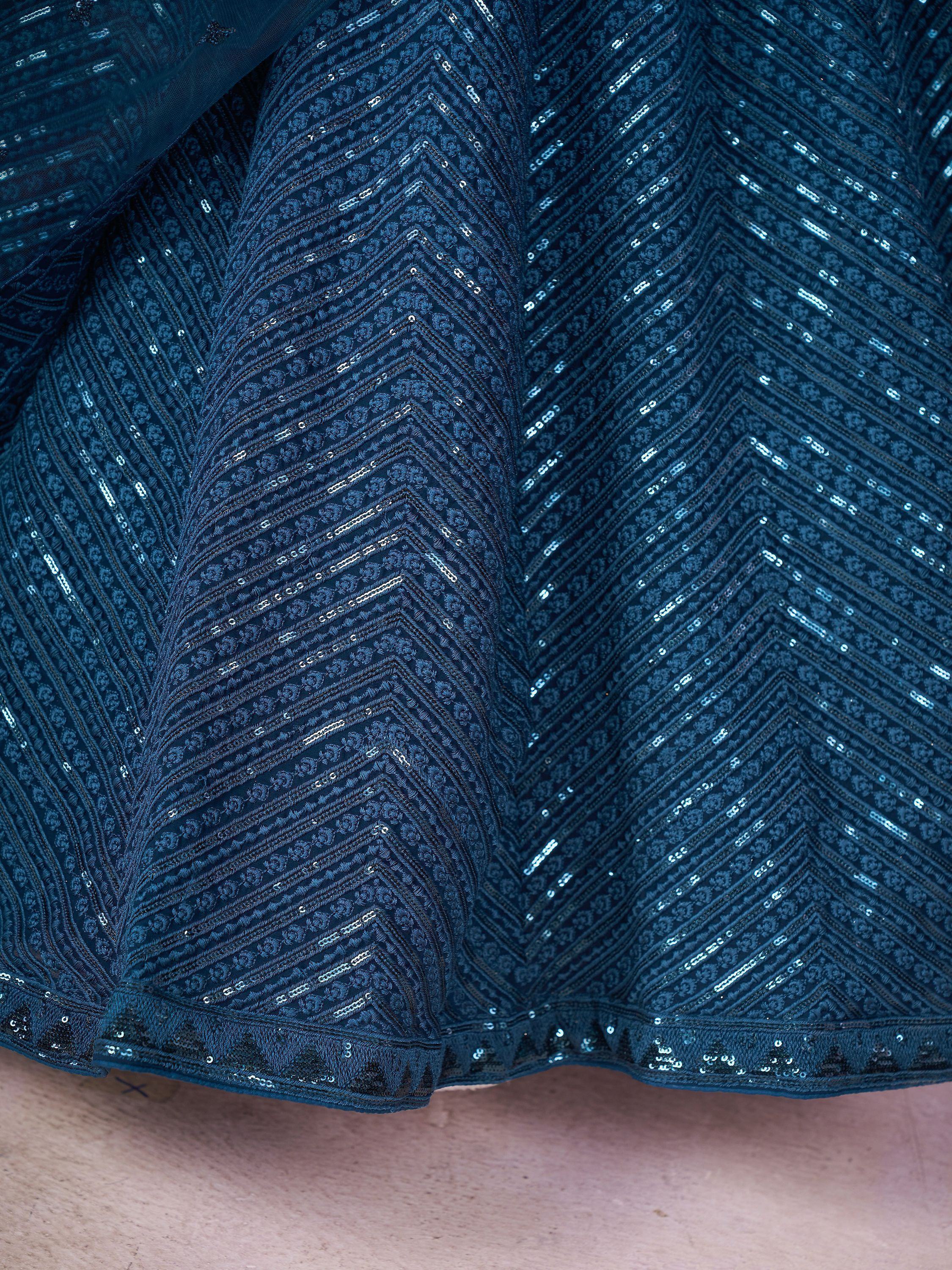 Dark blue ethnic gown with chevron sequin embroidery and sheer overlay detail