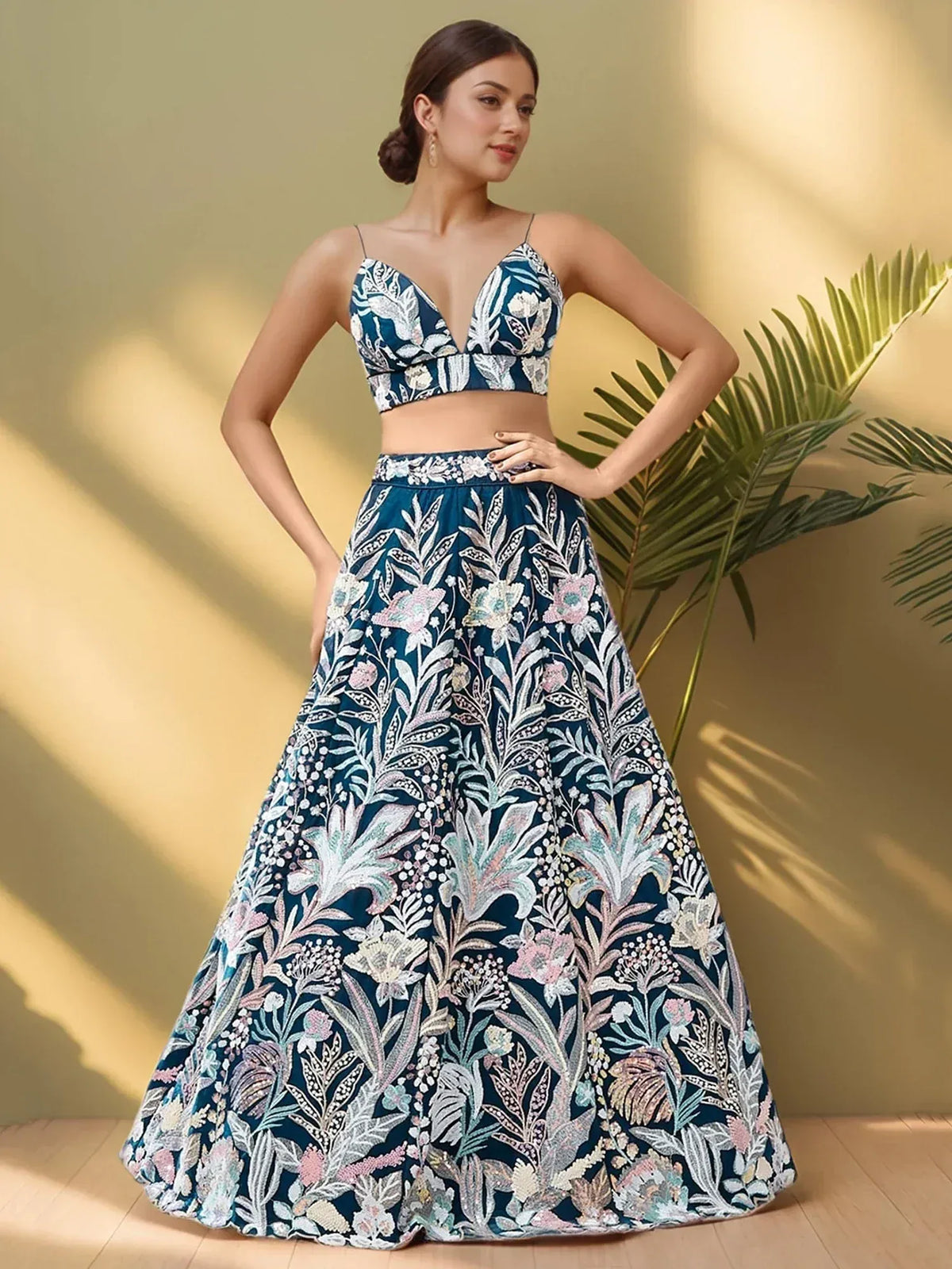 Elegant blue floral lehenga choli with intricate embroidery, perfect for Indian ethnic wear