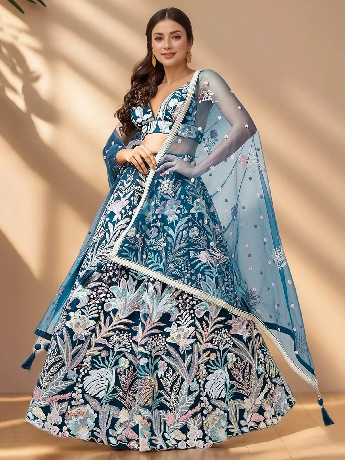 Elegant blue floral embroidered lehenga choli with sheer dupatta for Indian ethnic wear