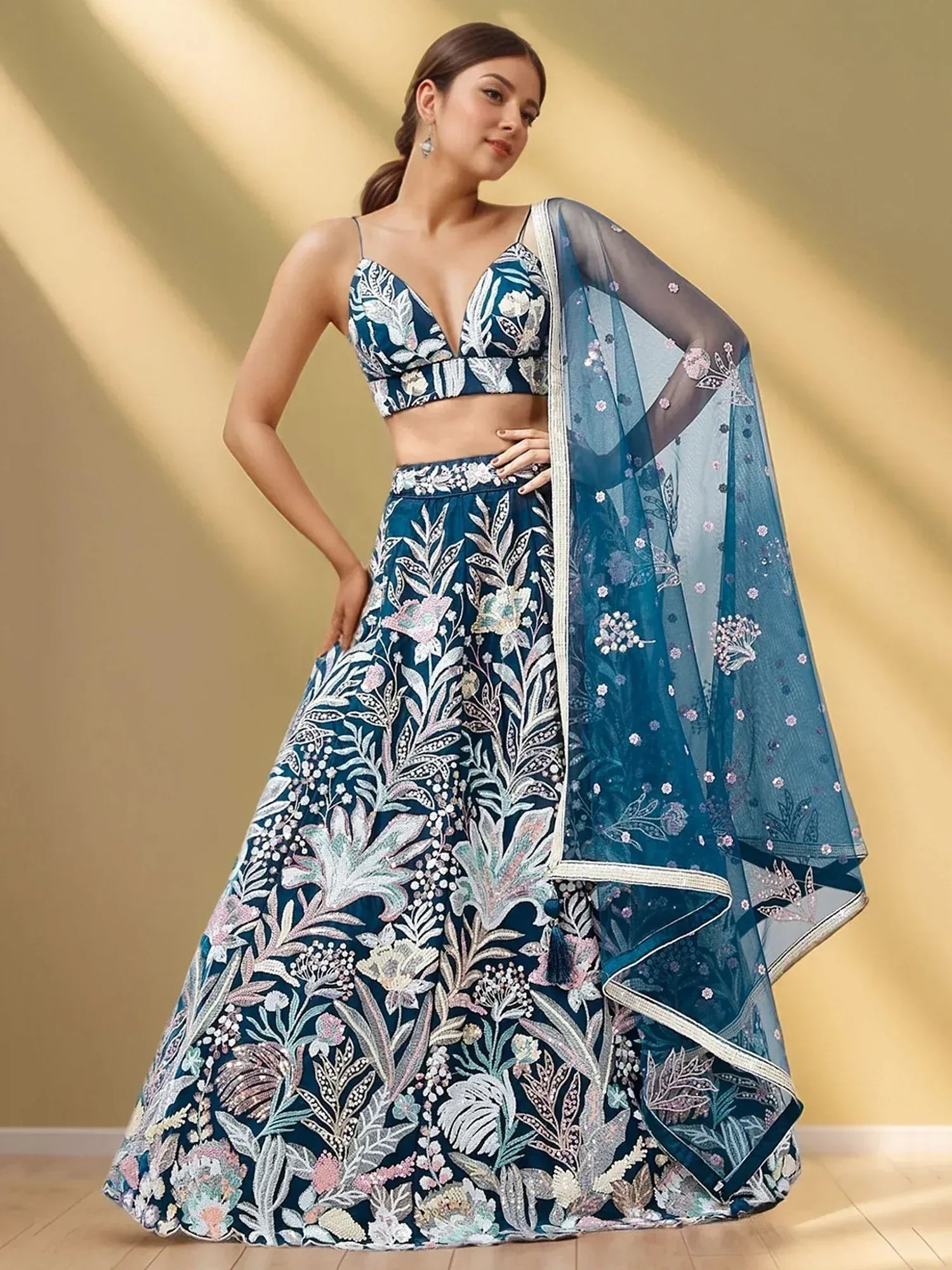 Teal floral embroidered lehenga choli with sheer dupatta, Indian ethnic wear for women