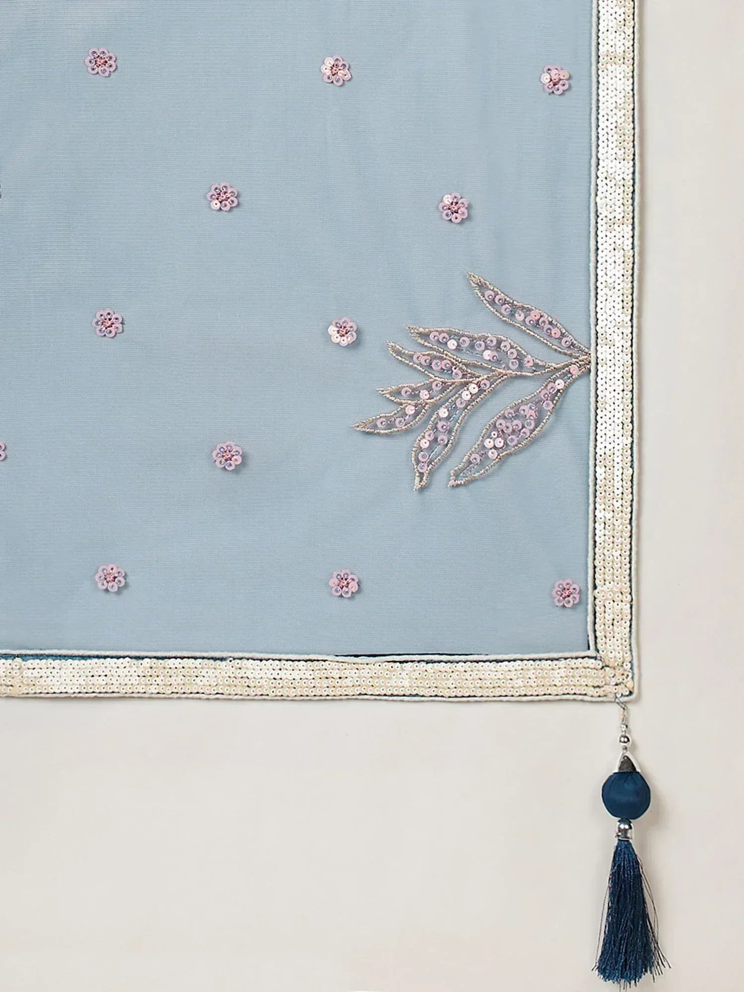 Light blue ethnic dupatta with pink floral sequin embroidery, pearl border, and navy tassel detail