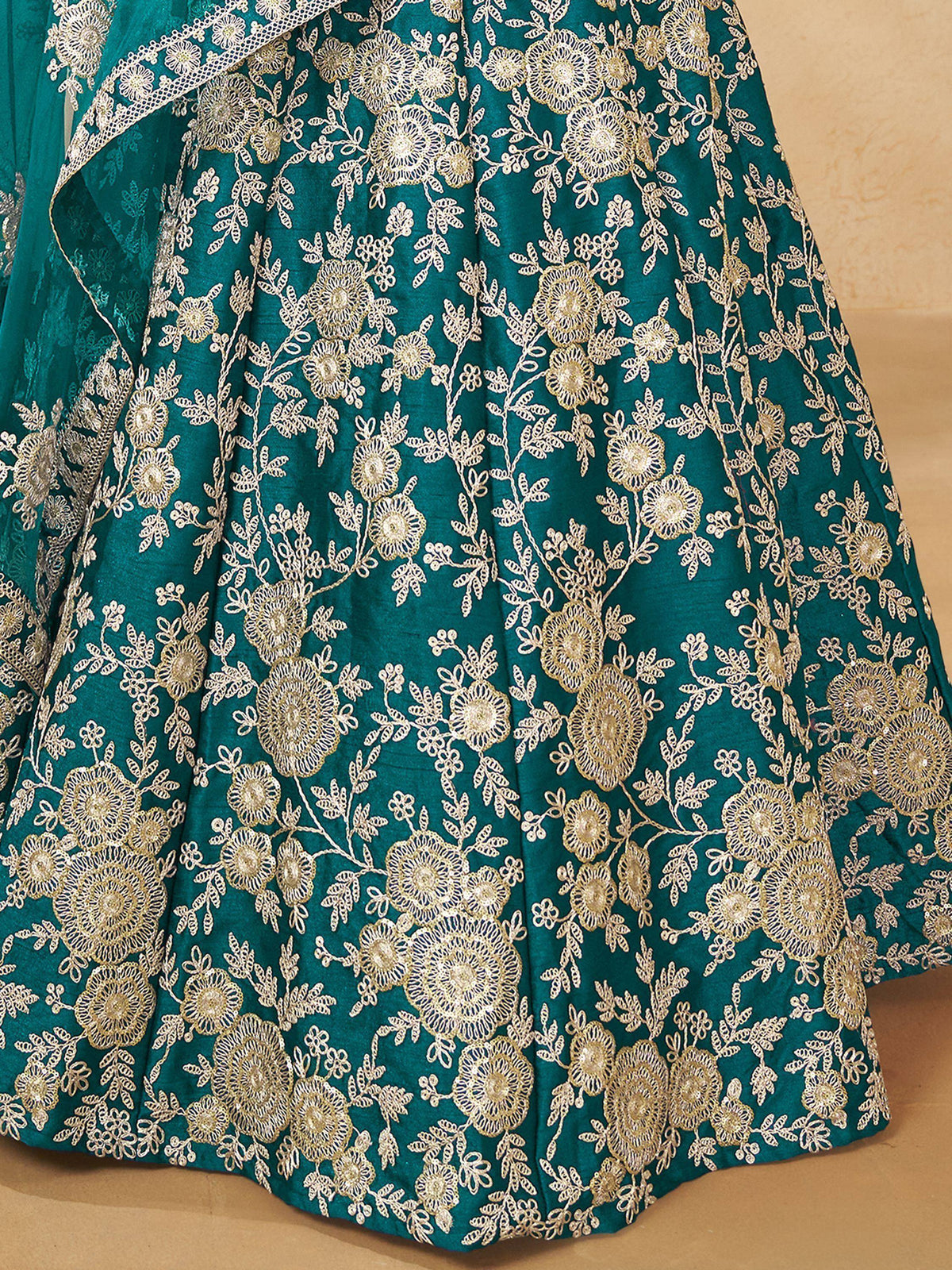 Teal green lehenga with gold floral embroidery, Indian ethnic wear for weddings and parties