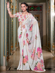 Stunning White Georgette Office Wear Saree With Blouse - Ethnic Plus In