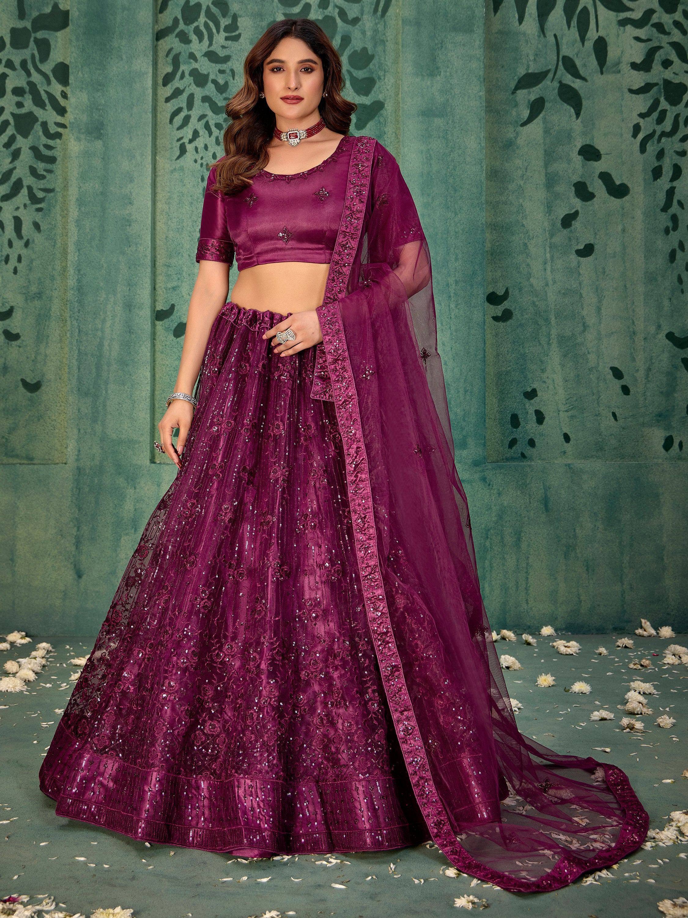 Purple embroidered lehenga choli with sequins, perfect for Indian weddings and festive occasions