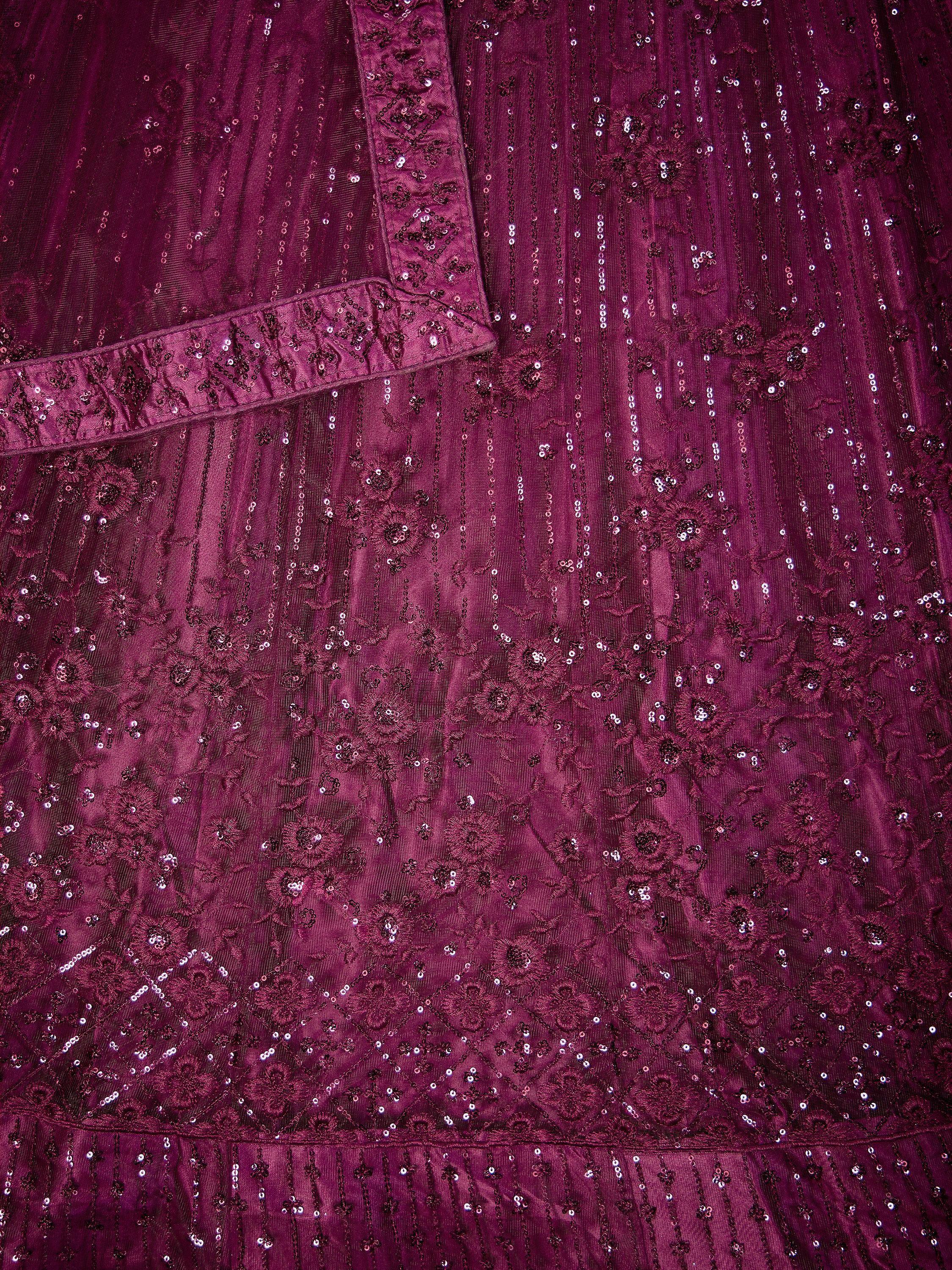 Purple sequin-embellished ethnic gown with floral embroidery and sheer overlay detail