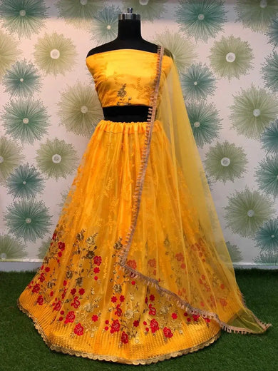 Stunning Yellow Thread Work Net Wedding Wear Lehenga Choli - Ethnic Plus In