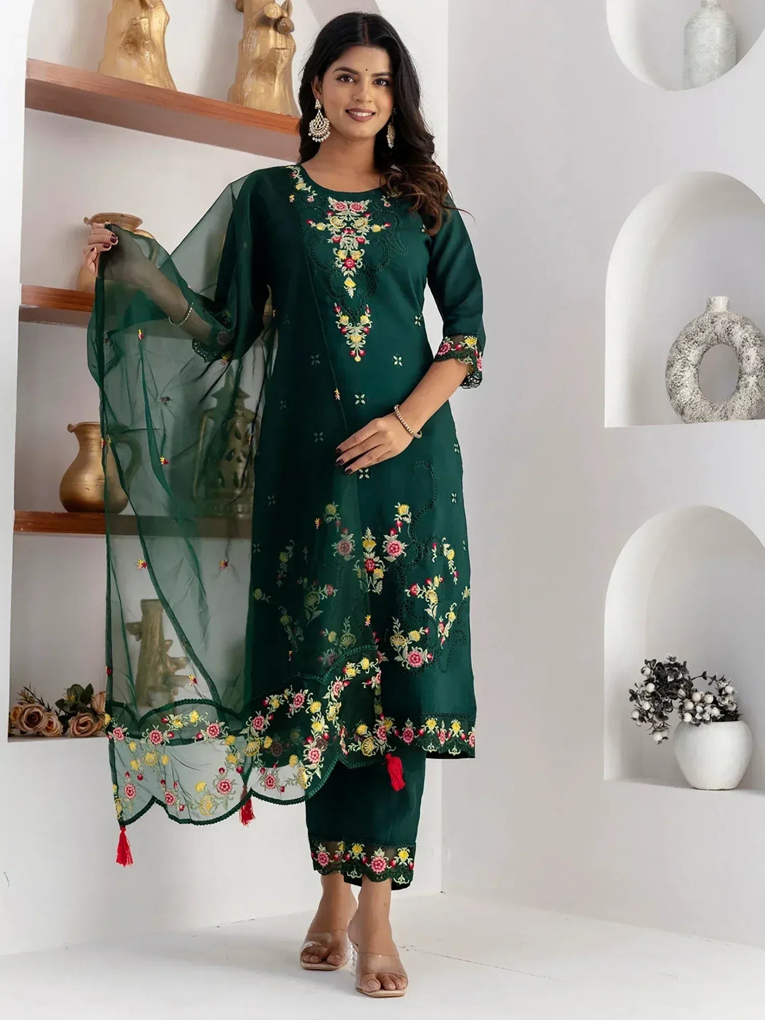 Green embroidered salwar kameez with floral design and matching dupatta for Indian ethnic wear