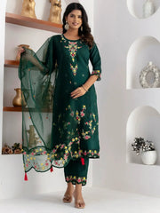 Stunning Green Floral Embroidered Viscose Traditional Pant Suit