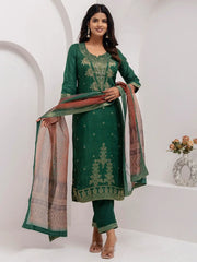 Stunning Green Zari Weaving Mehendi Wear Pant Suit With Dupatta