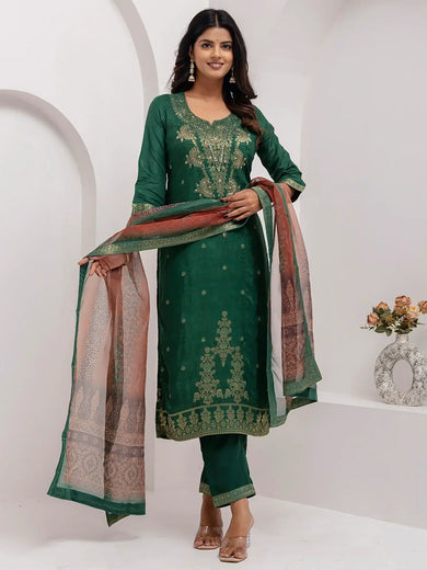 Stunning Green Zari Weaving Mehendi Wear Pant Suit With Dupatta