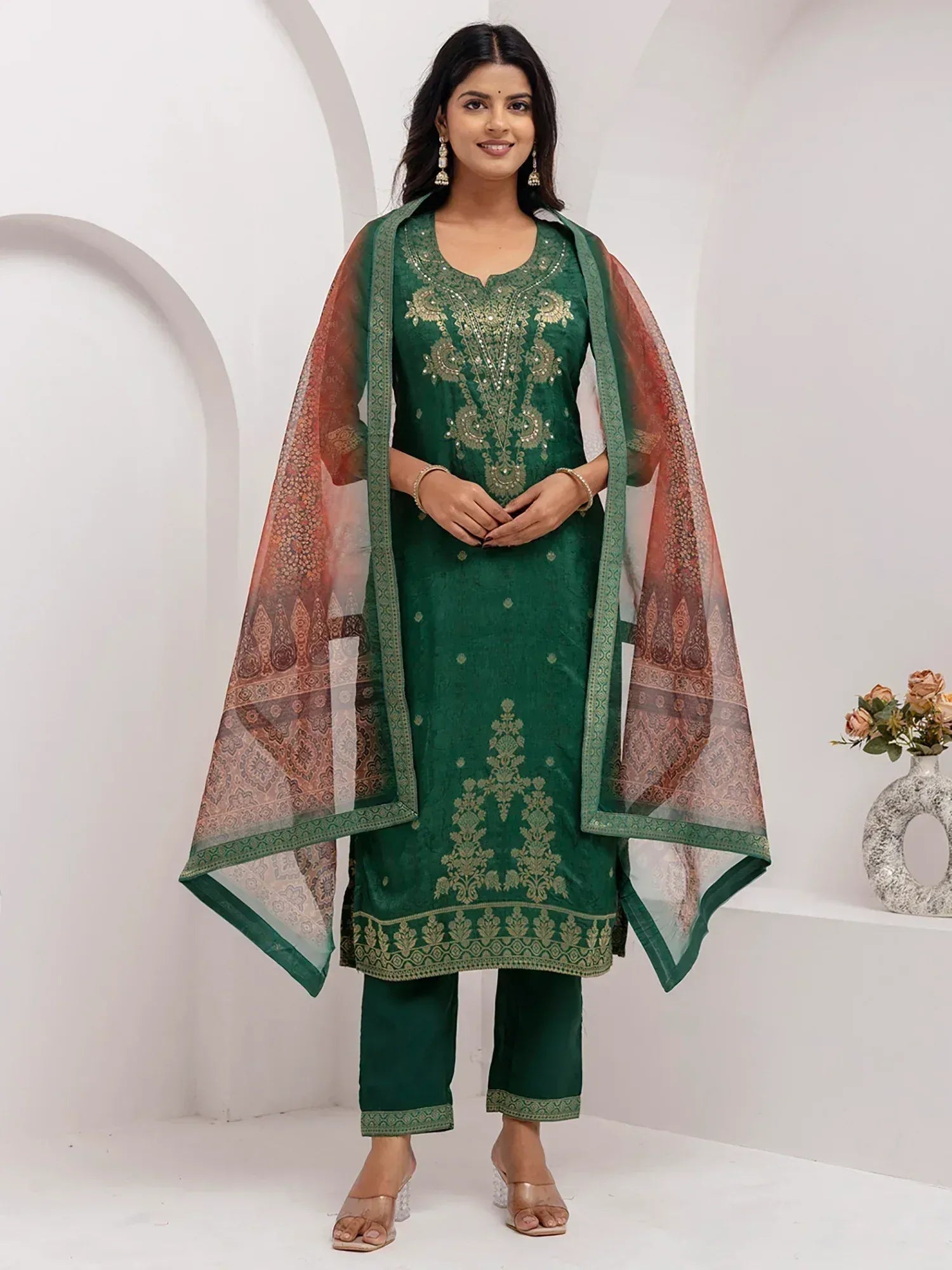 Green embroidered salwar kameez with patterned dupatta, Indian ethnic wear for women