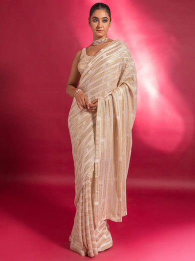 Stunning Ivory Sequins Georgette Designer Saree With Blouse