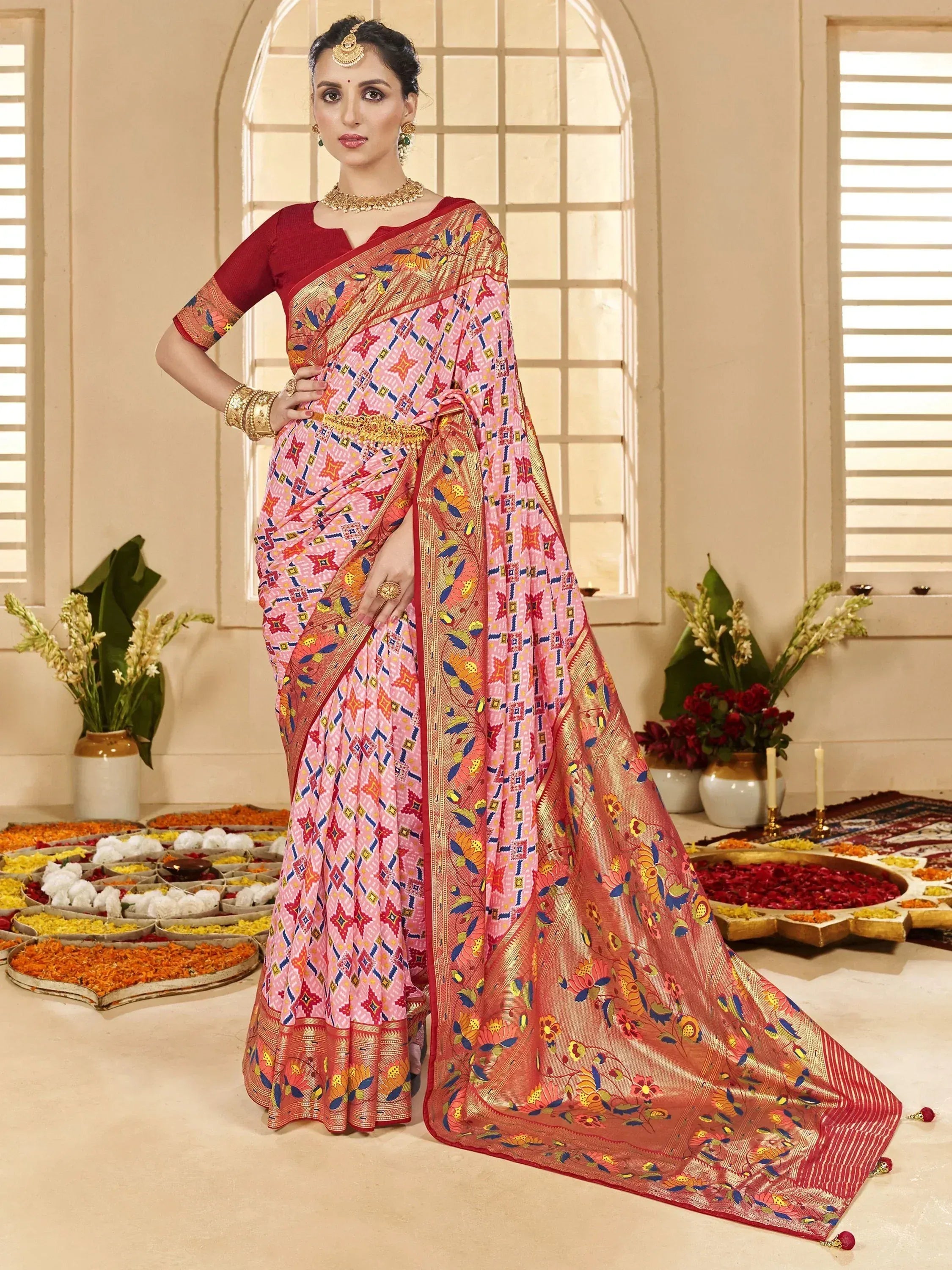 Pink printed saree with gold border, ethnic wear for women, festive Indian attire