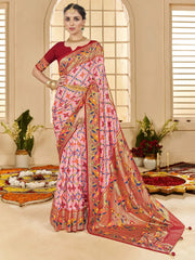 Stunning Pink Ikkat Printed Cotton Casual Wear Saree With Blouse