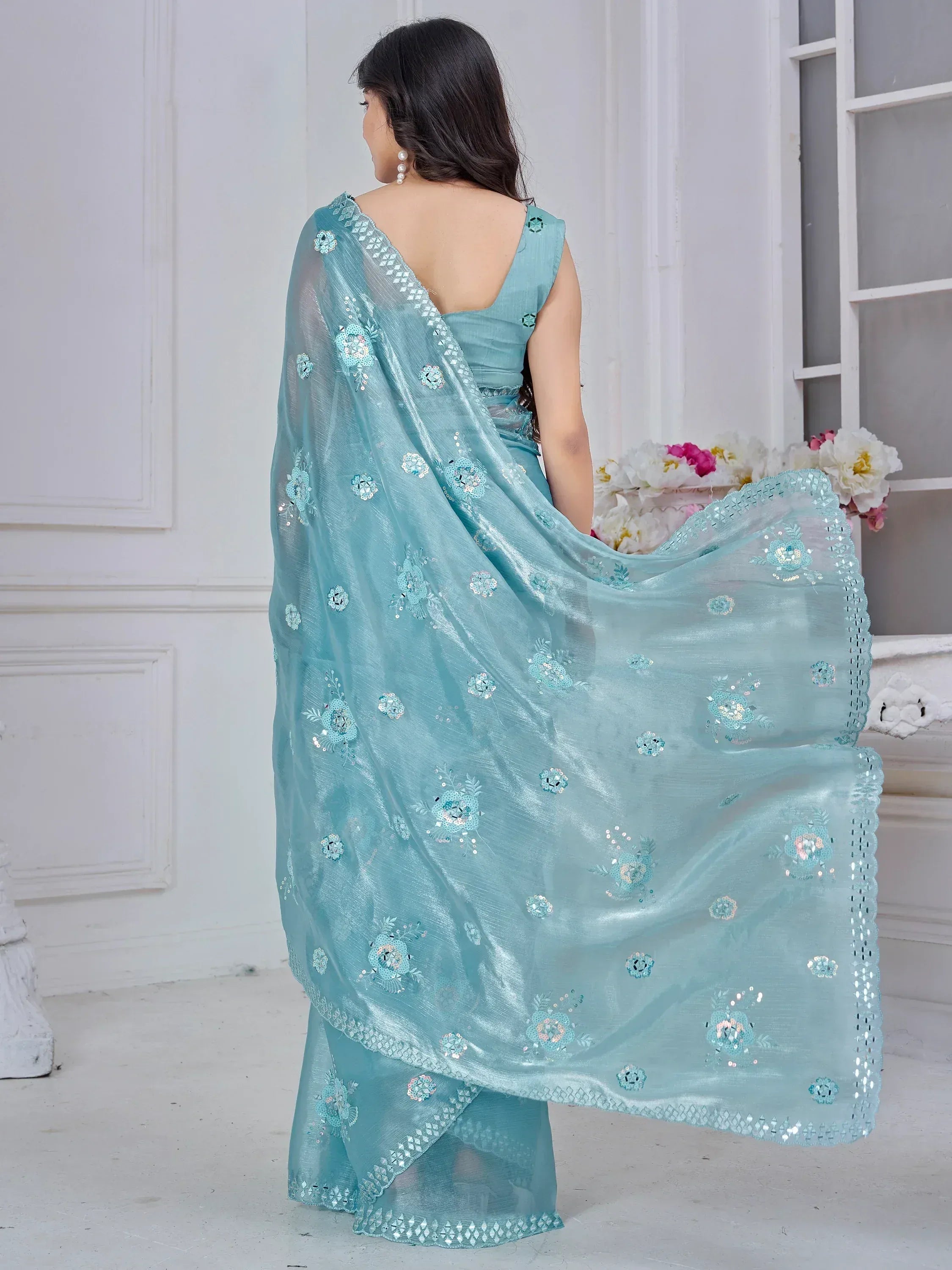 Light blue embroidered saree with floral sequin work, back view, ethnic wear for women
