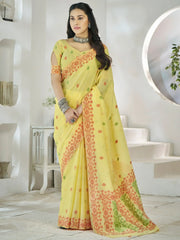 Stunning Yellow Digital Printed Linen Festival Wear Saree With Blouse