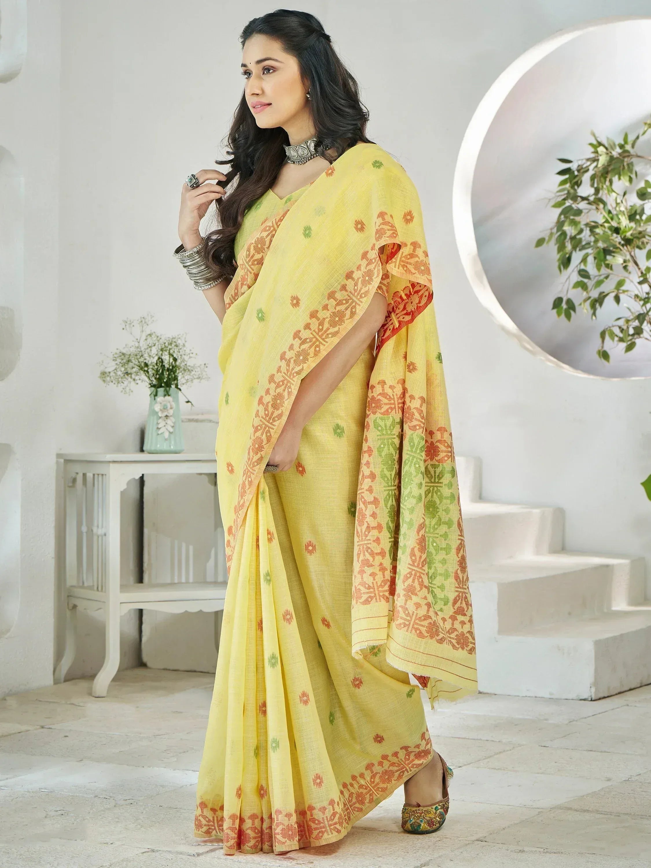 Yellow printed saree with orange green motifs, ethnic Indian wear for women