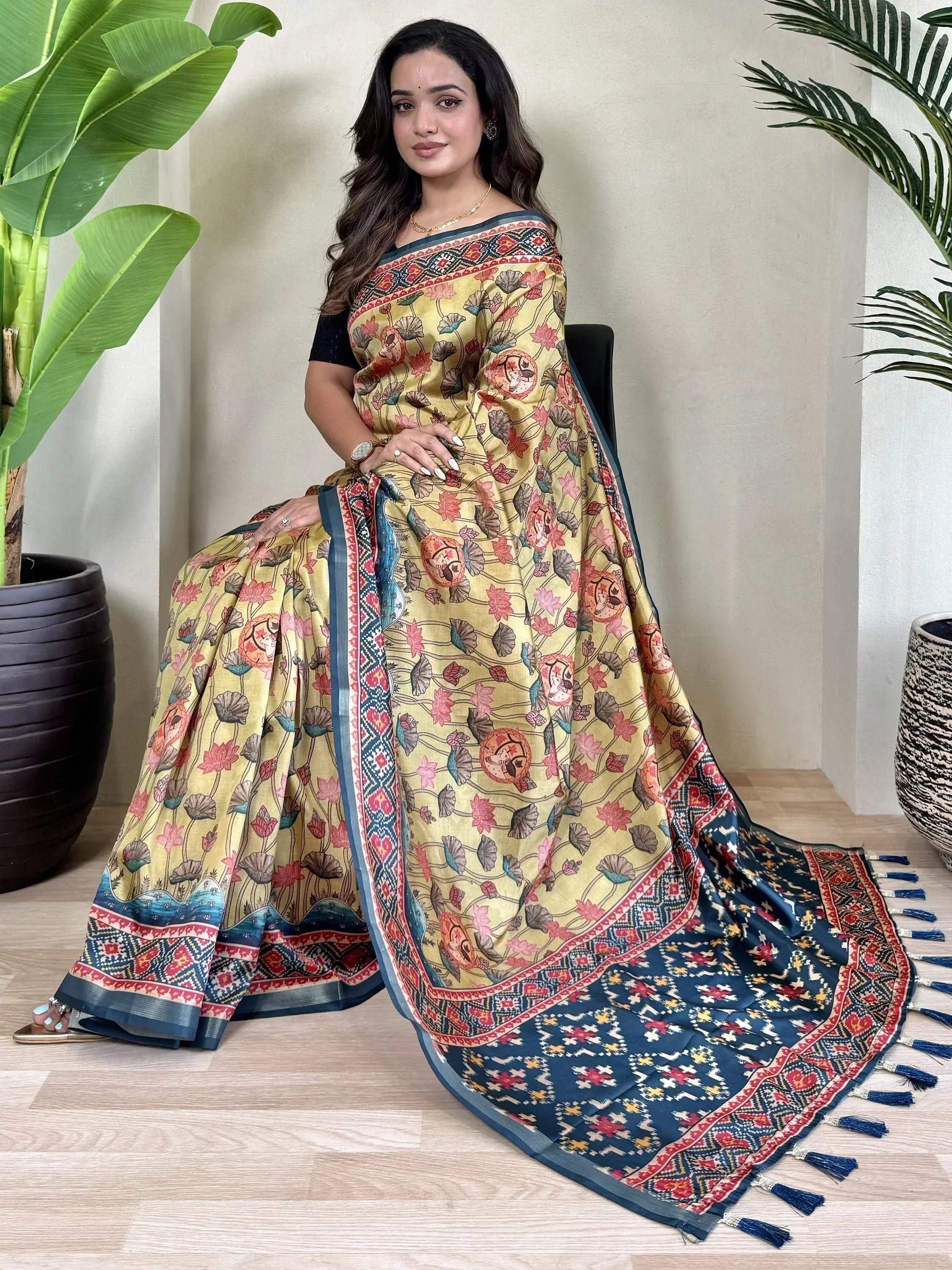 Yellow floral print saree with blue border and tassels, Indian ethnic wear