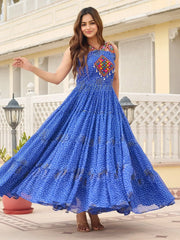 Stylish Blue Bandhani Print Navratri Wear Gown - Ethnic Plus In