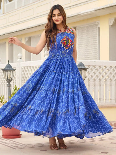 Stylish Blue Bandhani Print Navratri Wear Gown - Ethnic Plus In