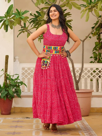 Stylish Pink Georgette Bandhani Print Festival Wear Gown - Ethnic Plus In