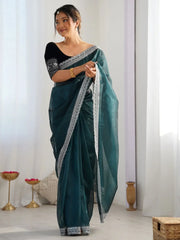 Stylish Rama Green Sequins Mehendi Wear Saree With Blouse - Ethnic Plus In